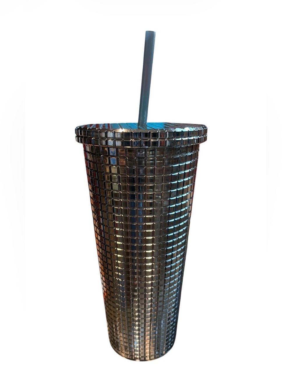 038 Metallic Silver Mosaic Tumbler with Straw 20oz NWT
